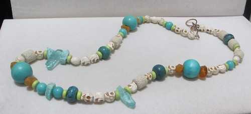 Turquoise Brown & Bone 28” Molded SKULLS Beads Faux Stone Shards Necklace  - Picture 11 of 11