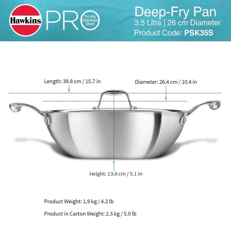 Hawkins Pro Triply Stainless Steel 26 cm, 3,5 Ltr, Deep Fry Pan/Kadai - Spedi... - Immagine 3 di 4