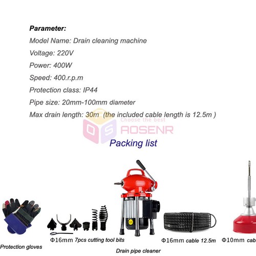 3/4"-4"Dia Drain Cleaner Sectional Sewer Snake Drain Auger Cleaning Machine 400W - Picture 8 of 8