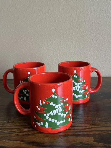 Set Of 3 Vintage Waechtersbach W Germany Christmas Tree Red Mugs Holiday