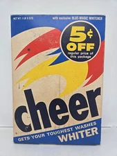 Cheer Detergent in White Box w/5¢ Off & Free Measure Cup Offer 22oz 60's Vintage