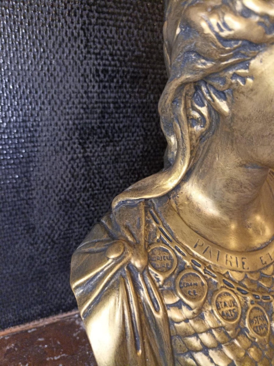 Grand Buste Marianne 46cm République Classique Aspect Bronze Doré