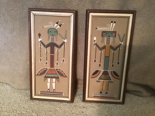 Vintage Navajo Sand Painting Yei Female Native American Spiritual Art Wood 16x8"