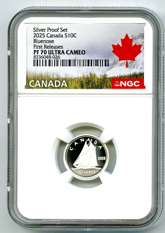 2025 CANADA 10 CENT .9999 SILVER PROOF NGC PF70 BLUENOSE DIME FIRST RELEASES
