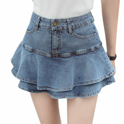 Women Micro Mini Denim Skirt Sexy Double Layer Falbala Dance Party Casual - Picture 2 of 15