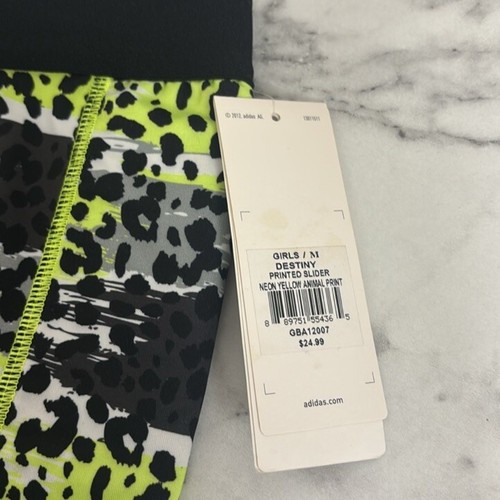 Adidas Destiny Printed Slider Shorts Neon Yellow Animal Print Girls Medium NWT - Picture 2 of 5