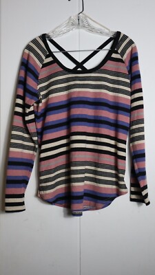 Absolutely Famous Women's Large Pink White Black Striped Cross Back Scoop Top