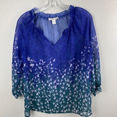 Cold Water Creek Womans Sheer Top Blue Multi Elastic Cuff Long Sleeve Size XS