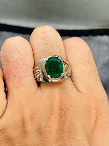 Natural 4 Carat Rich Green Emerald Sterling Silver 925 Handmade Men Ring Zamurd - Picture 2 of 4