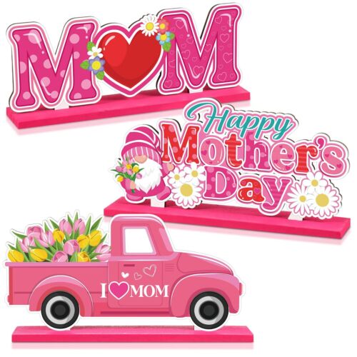 3 Pcs Mother's Day Decorations Happy Mother's Day Table Wooden Centerpieces M...
