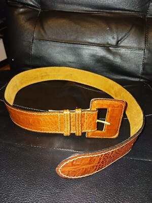ECHO Brown Leather Belt Croco Saddle Wide Torino Big & Tall Alligator Grain Embossed Calfskin Belt  main image 4
