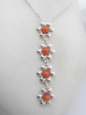 925 Silver and Natural Red Coral Flower Choker - Pendant - Chain