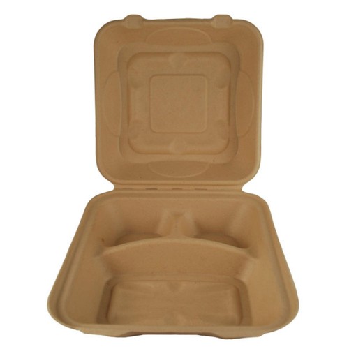 World Centric TO-SC-U9T, 9x9x3-inch Beige Fiber 3-Compartment Clamshells, 300/CS - Picture 2 of 2