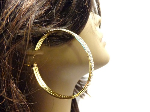 GRANDI ORECCHINI A CERCHIO STRASS DOPPIO PAVIMENTATO CRISTALLO TONO ORO CERCHI 2,75 POLLICI - Foto 4 di 4