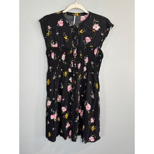 Free People Black Floral Smocked Button Front Cap Sleeve Mini Dress Size S
