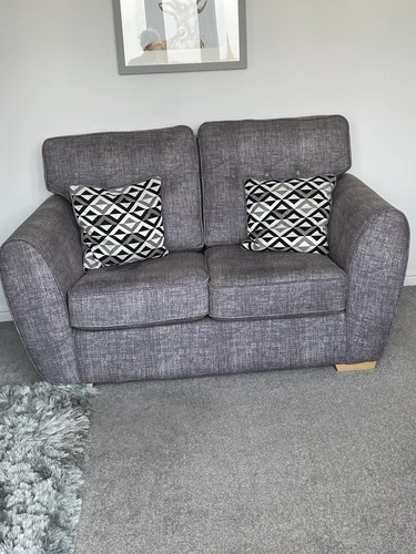 Three Piece Grey 2 Seater Fabric Sofa With 2 Chairs  with cushions VGC
