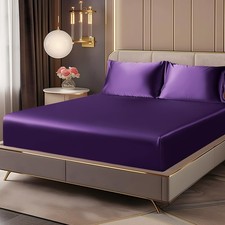 BEDELITE Plum Twin Satin Deep Pocket Fitted Sheet & Pillowcase Set Luxury Soft