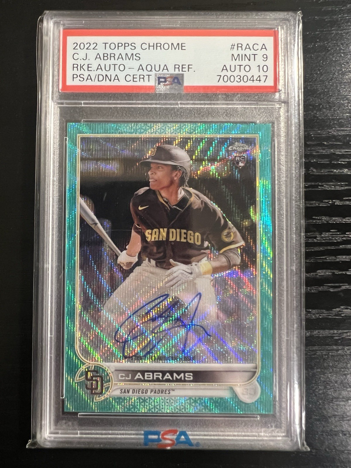 2022 TOPPS CHROME RC AUTOS AQUA WAVE REFRACTOR  CJ ABRAMS /199 PSA 9 AUTO