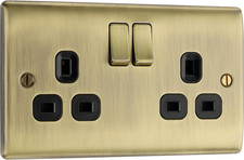 Double Switched Power Plug Wall Socket, Nexus Metal, Antique Bras