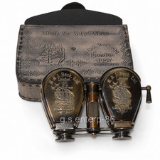 5" Antique Brass Folding Binoculars Vintage Leather Case Nautical Marine Gift
