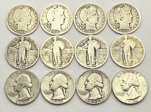 12-Silver Quarters-4 Barbers+4 SLQ’s+4 Washington’s-Circulated-FLASH SALE!
