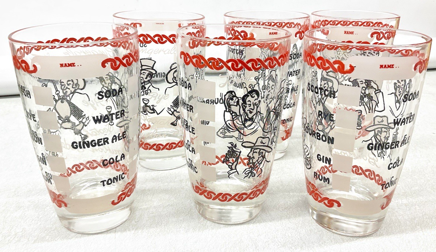6 Vintage Cocktail Bar Back Drink Liquor Illustrated Novelty Glasses Drinking