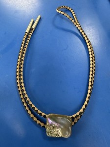 Vintage Abalone Bolo Tie Silver Tone Leather Strap