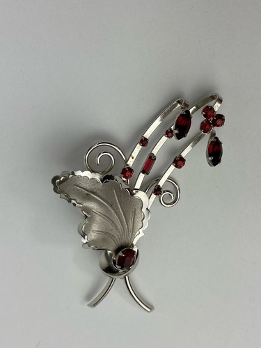 Bond Boyd Vintage Brooch Pin Sterling Silver Red Stones Floral Bouquet Abstract - Picture 2 of 8