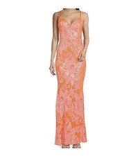 Orange Pink Floral Sequin Lace Up Backless Maxi Dress Sleeveless Size Regular