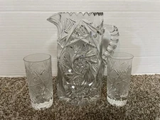 VINTAGE American Brilliant Cut Glass 8.5" Pitcher & 2 Glasses - FREE SHIPPING !