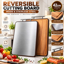 Stainless Steel Cutting Chopping Board Double Sided Wood Large Kitchen 42cm AU