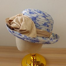 Vintage Kentucky Derby Hat Blue Breton Church Floral Organza Bow Pearl Brooch