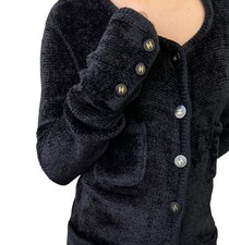 CHANEL Vintage 95A CC Logo Button Cardigan Sweater Top #38 Black Gold Velour