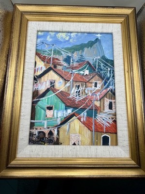 Original Rio Favela Painting Signed Antonio Messias Brazilian Naive Folk Art