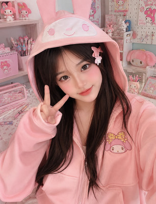 Pink Sanrio Ear Full-Zip Hoodie   Soft Cozy Girls /Petite Teens Jacket (Size M)