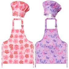 4Pcs Pink Theme Kids Apron and Chef Hat Set Gift for Girls, Floral Butterfly ...
