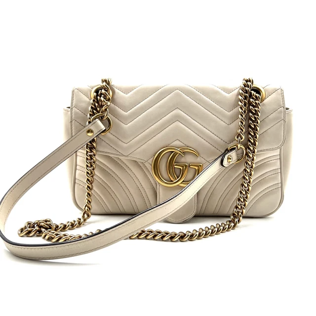 HJ-067 Pre-Owned Gucci Calfskin Matelasse Small GG Marmont Shoulder Bag White