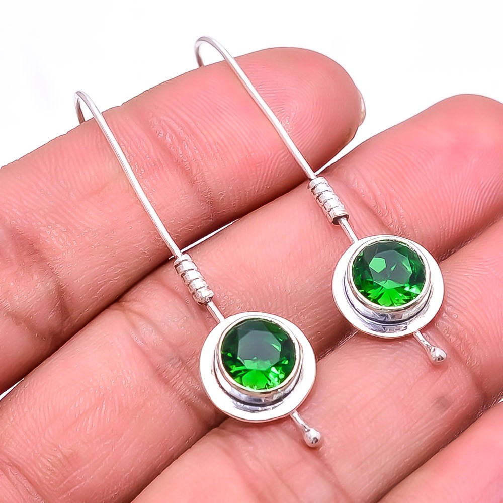 Simulated Emerald 925 Sterling Silver Handmade Drop Earrings 1.95 Inch