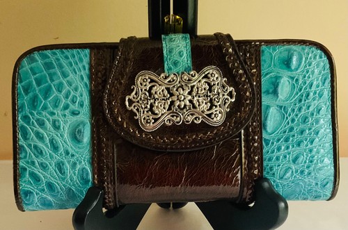 Mark Chantel Genuine Embossed Leather Wallet Turquoise/Brown Croc Flap