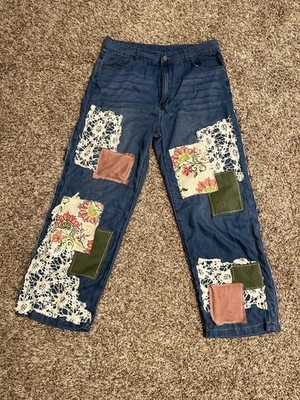 Upcycled Patchwork Lace Jeans Boho Wide Leg Cottagecore Womens XL