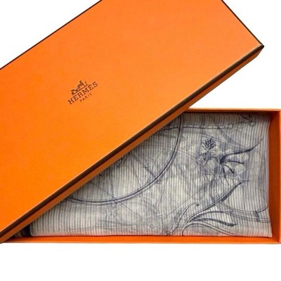 HERMES Voitures en Equilibre Silk Gavroche Scarf 42cm Beige Navy Gray White