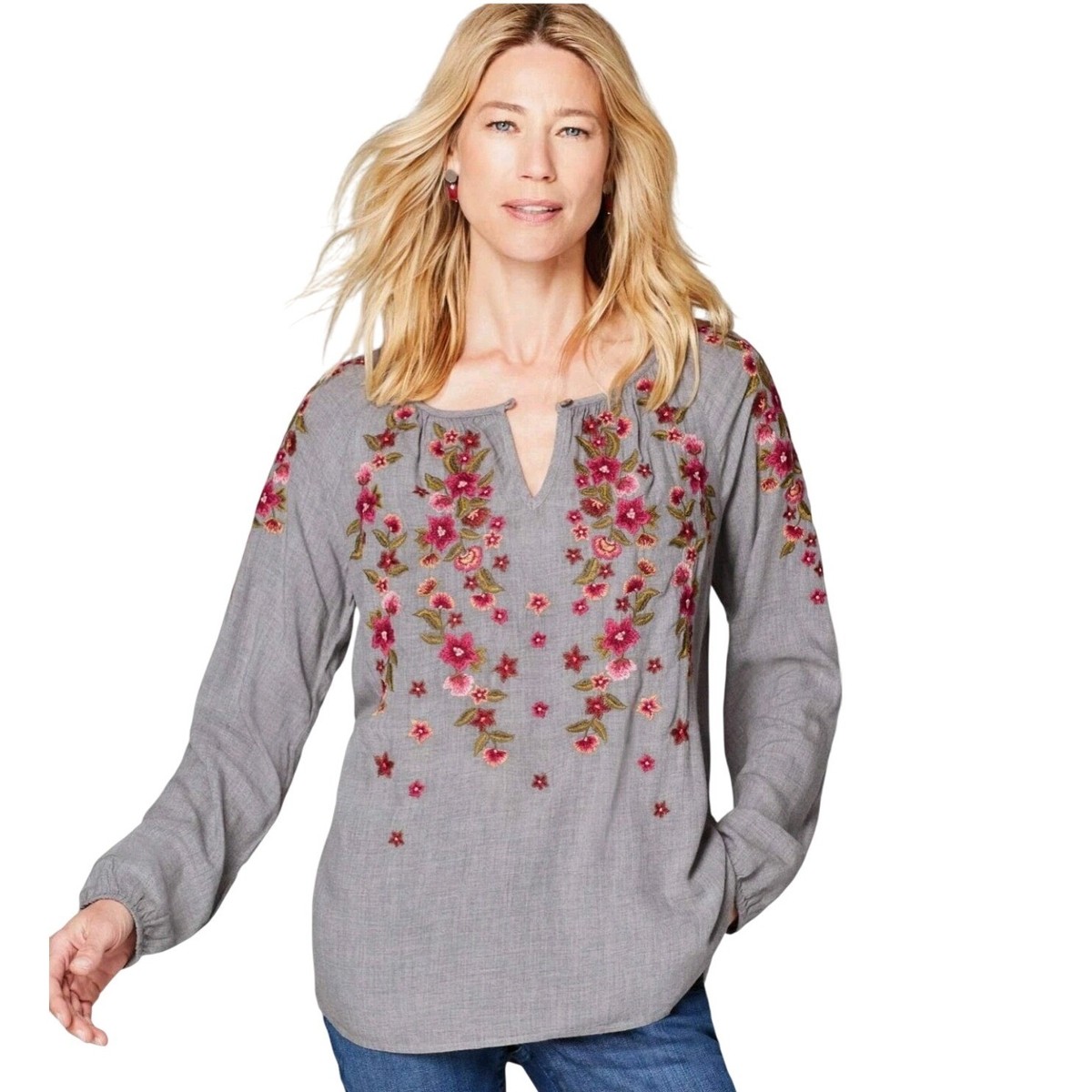JJill Medium Petite Gray Floral Embroidered ¾ Sleeve Split Neck