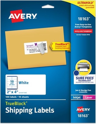 Avery 2x4 Shipping Labels 100 Blank White Stickers Sure Feed Printable 18163