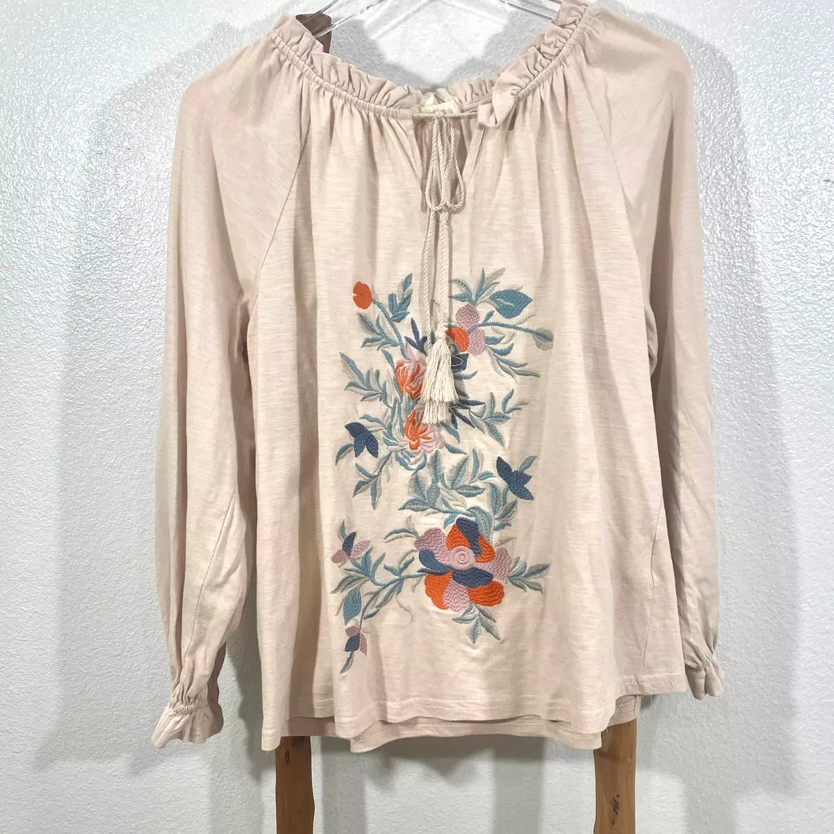 Solitaire Boho Embroidered Peasant Blouse Long Sleeve Cream Orange Green SZ SM