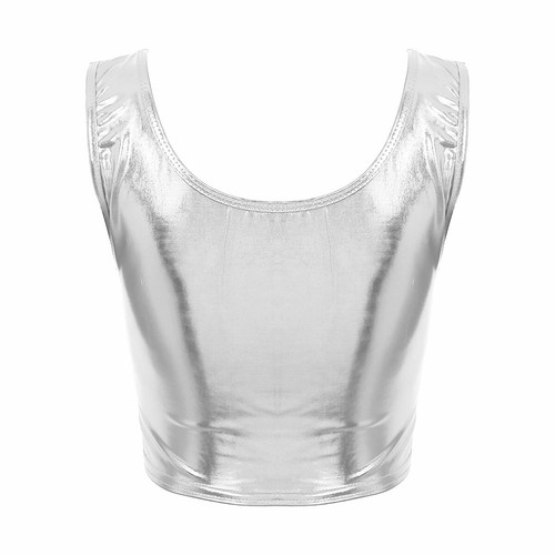 Women Tank Crop Top Shiny Metallic Scoop Neck Vest Fashion Bustier Blouse Shirt - Picture 94 of 114