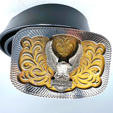 Harley Davidson Belt  Buckle  100% leather 34. Black Silver Gold Buckle