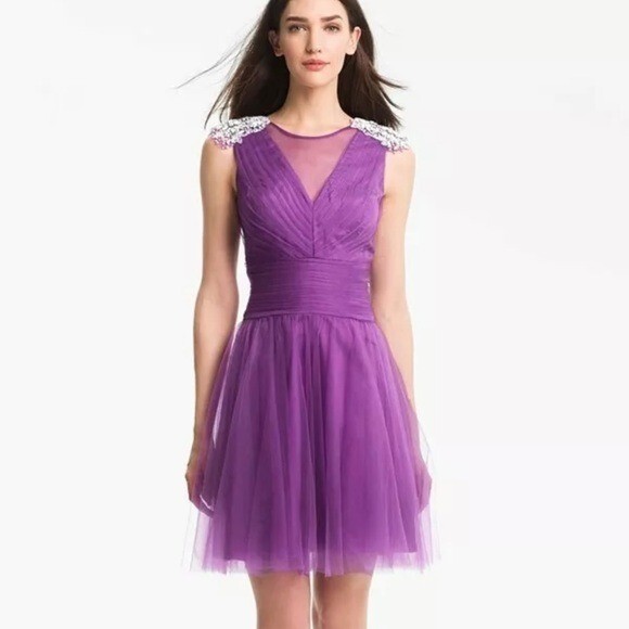 KATHY HILTON Raspberry Fit Flare Mesh Dress Beads Embellished