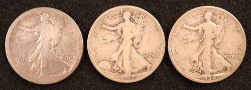 1916-D (Obv) & 1918-D & 1934-Walking Liberty Halves-3 Good Early Dates (G-VG)