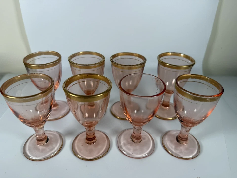 VTG 1920s Set of 8 Pink Depression Glass Shot / Liquor Glasses with Tray - Image 3 of 4