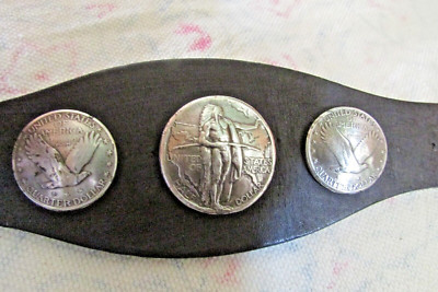 VINTAGE NATIVE AMERICAN BLACK/BROWN LEATHER CUFFS w BUFFALO COINS SIGNED JC USA
